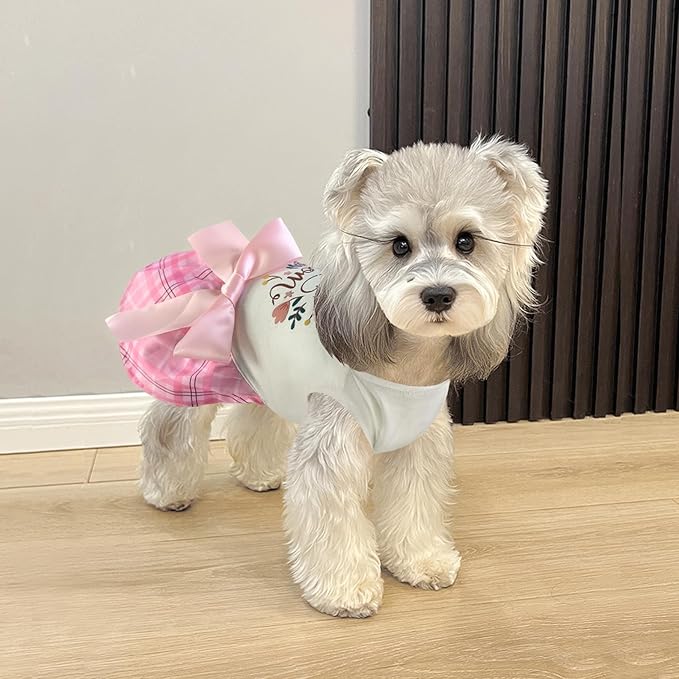 Idepet Dog Dress Love You Mom, Mother's Day Dog Dresses Puppy Skirt Pet Apparel Daisy Sleeveless Holiday Clothes for Small Dogs Girls and Cats, Pink Plaid,XS