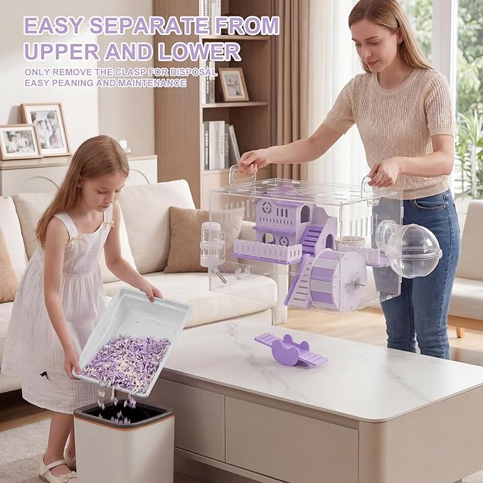 Loungewave Acrylic Hamster Cage, 2-Tier Gerbil Cage with Wooden Wheel, Small Dwarf Hamster Cage Habitat, Garden Mouse Cage for Pet Mice, Clear View Inside Easy to Clean, Purple