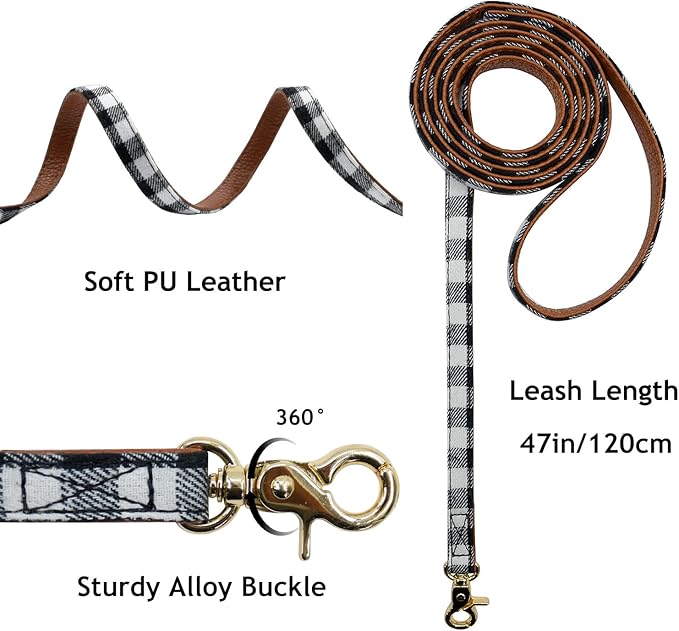 3PCS Bow Tie Dog Collar and Leash Set Plaid/Camo/Dots/Flower Dog Bandanas with Bell 3 Size Adjustable for Small Dogs Puppies and Cats (XS, Black&White Plaid)