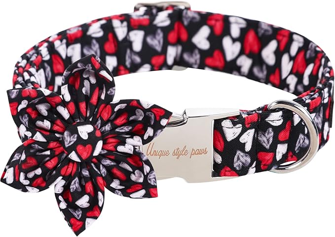 Unique style paws Valentine's Day Dog Collar with Flower Tie Black & Red Heart Puppy Collar Best Gothic Style Gift for Small Medium Large Boys Girls-L