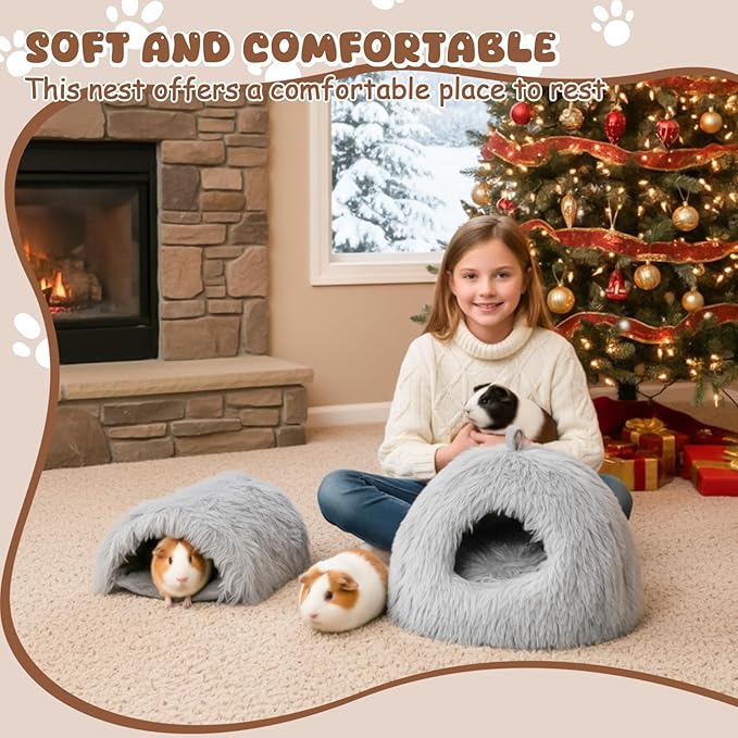 2 Pack Guinea Pig Hideout Bed with Tunnel, Large Soft Plush Cozy House, Washable Hideaway for Guinea Pigs and Small Animals(Style 1)