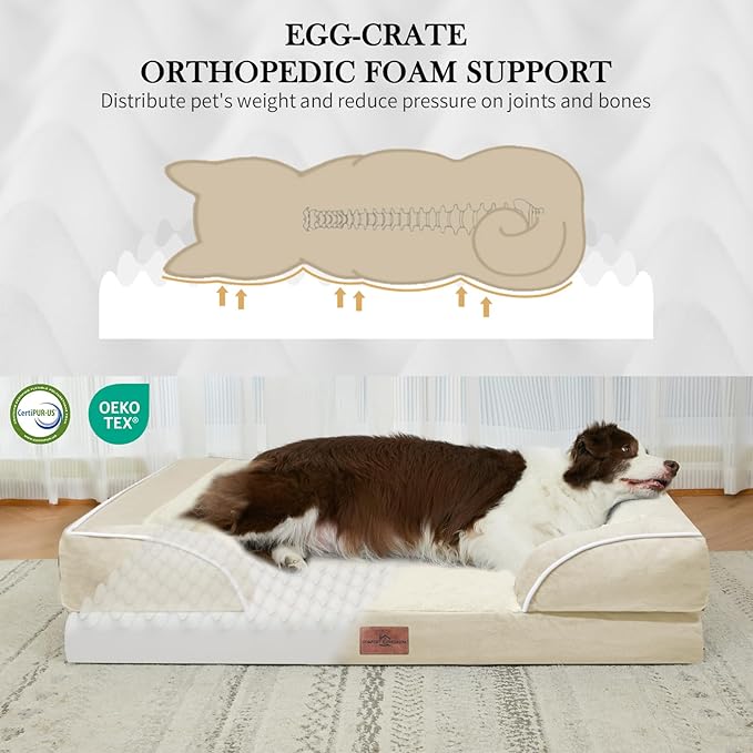 Comfort Expression Orthopedic Dog Bed for Medium Dogs 30x20 Inch, Waterproof Supportive Egg Crate Foam Medium Pet Bed with Removable Bolsters, Dog Couch with Washable Cover & Non-Slip Bottom, Beige