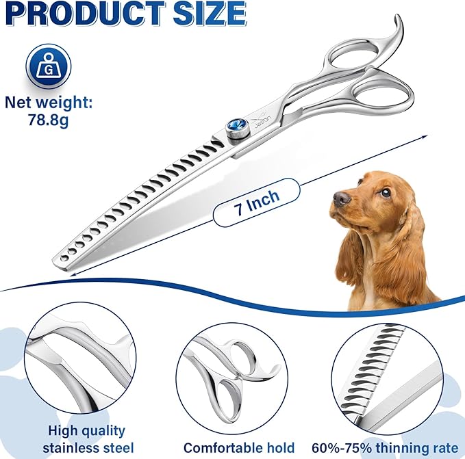 JASON 7" Curved Chunker - Ergonomic Dog Grooming Scissors - Silver - 440C Stainless Steel - Professional Dog Shears For Groomer (21-Teeth)