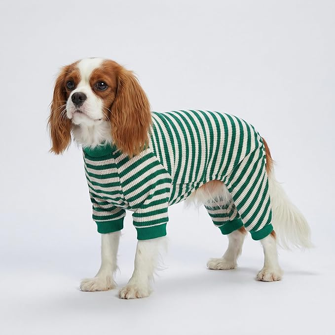 Fitwarm Green and White Striped Dog Pajamas, Waffle Dog Clothes for Small Dogs Girl Boy, Puppy Onesie with Feet, Pet Cat Outfit, Medium