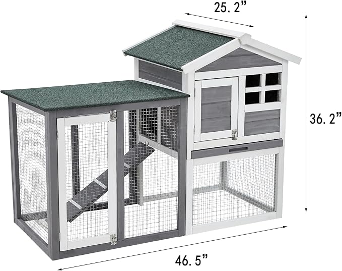 Garvee 48'' Bunny Hutch Indoor with 1 Leak-Proof Trays, Waterproof Roof Rabbit Hutch Indoor/Outdoor, 2-Tier Wooden Bunny House, Gray and White