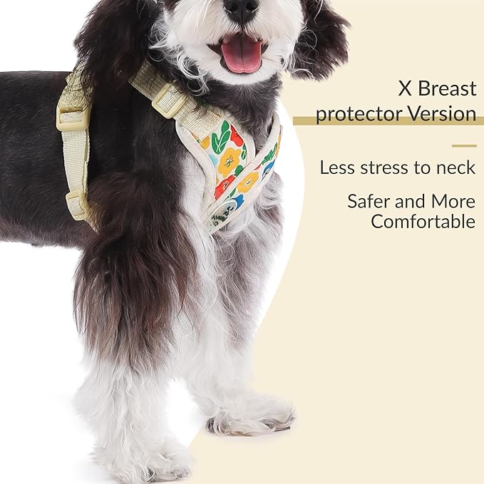 Patas Lague Dog Harness with Leash Set Adjustable Soft Padded Step-in Dog Vest No Choke No Pull Reflective for Small Medium Pets with Poop Bags and Dispenser, Solid and No-chew, Floral Yellow S