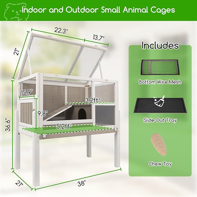 Guinea Pig Cages with Detachable Legs, 2-Storey Indoor Guinea Pig House Hamster Rabbit Cages for Small Animals with Pull Out Tray, Metal Strip Ramp, Ramp, Hideout