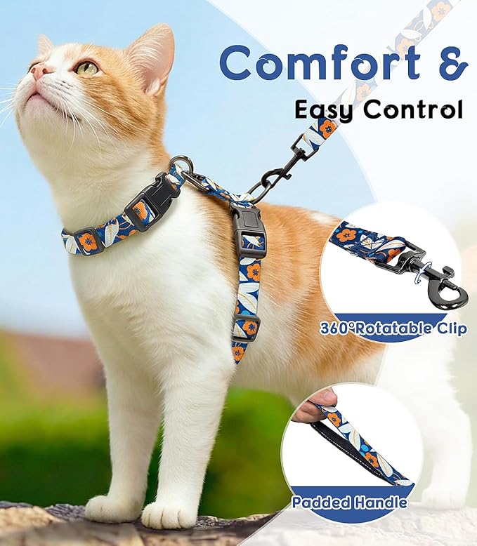 Halypet Cat Harness and Leash Set, Escape Proof 3-in-1 Adjustable Harness for Cats & Kitten, Soft Lightweight, Easy On & Control for Walking, Travel & Outdoor Use, Navy Floral, Medium