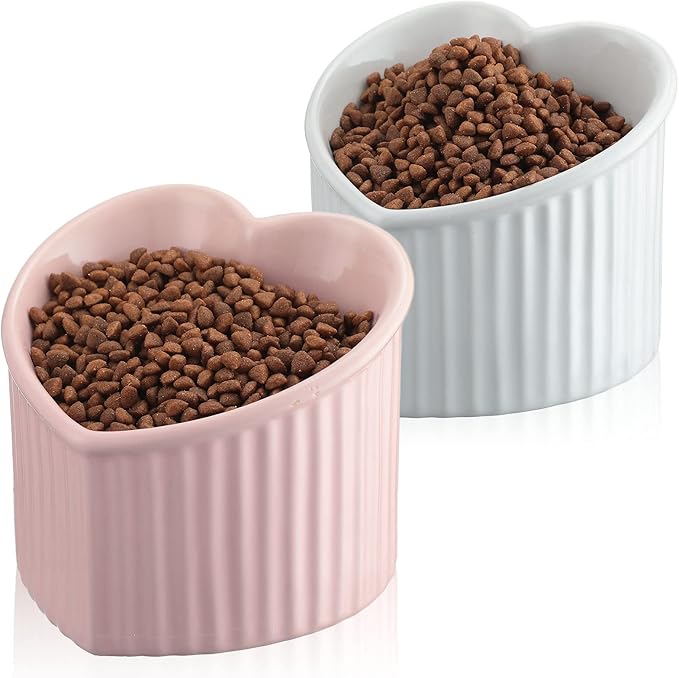 Mumufy 2 Pcs Ceramic Elevated Cat Bowls Tilted Elevated Raised Pet Bowls Anti Vomit Cat Dish for Indoor Stress Free Water Dish Feeder for Puppies, Heart Shaped(Pink, White)