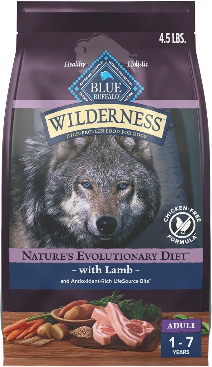Blue Buffalo Wilderness 38 g Protein, Meat Rich Natural Adult Dry Dog Food, Lamb, Chicken-Free Formula, 4.5lb Bag