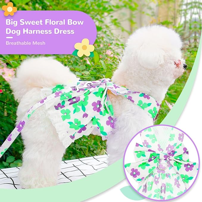 ABRRLO Dog Harness Dress Leash Set for Small Dog Summer Clothes Girl Female Puppy Cats Outfits Cute Floral Bowknot Princess Birthday Dress for Extra Small Pet Doggie Kitten Outfits Apparel(Green,S)