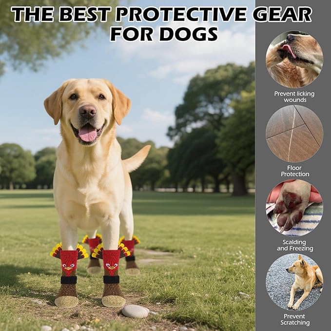 EXPAWLORER Thanksgiving Anti Slip Dog Socks to Prevent Licking Paws,Boots & Paw Protectors with Grippers,Doggie Booties for Hardwood Floors for Small Medium Large Senior Dogs Lifelike Costume Turkey S