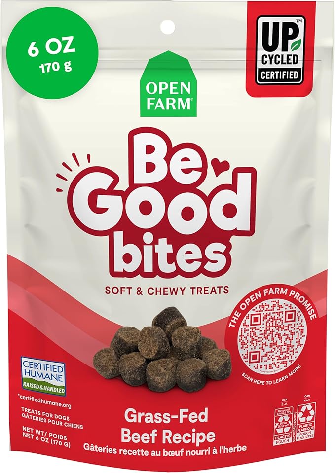Open Farm, Be Good Bites, Soft Dog Training Treats, Small & Chewy, Made with Ethically & Sustainably Sourced Ingredients, Non-GMO Fruits & Grains, Grass-Fed Beef Recipe, 6oz Pouch