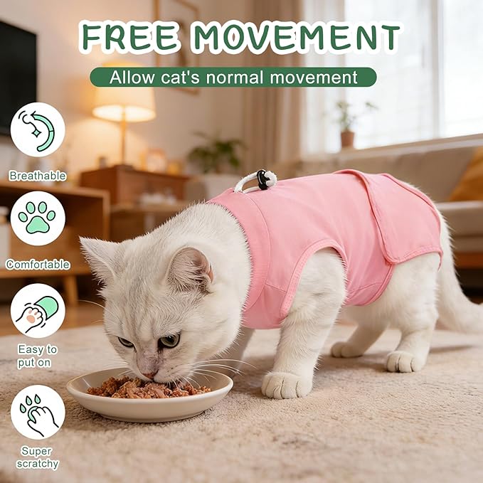 Gyuzh Cat Recovery Suit Female - Superior Comzy Cone Alternative! Breathable Onesie with Adjustable Neck, Easy Pull-On & Snap Closure. Stop Licking, Ideal for Cats & Kittens After Spay Surgery Pink M