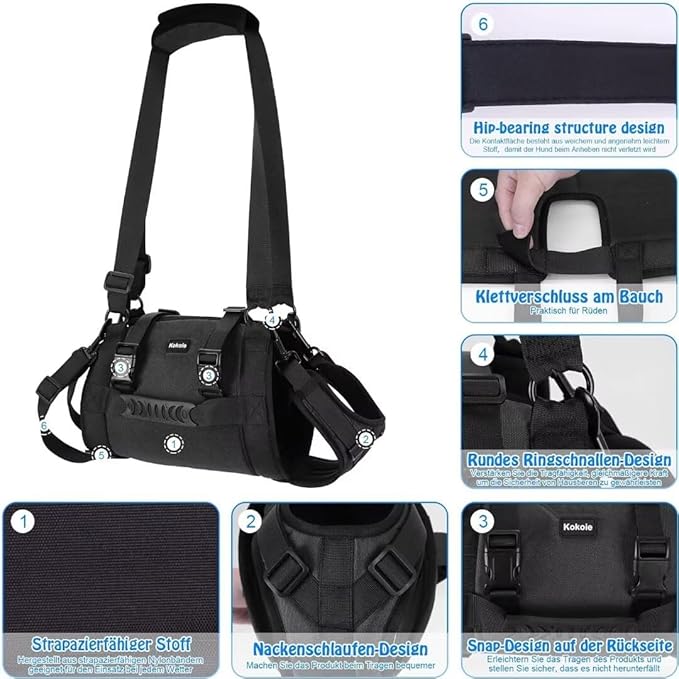 Dog Carry Sling, Emergency Backpack Pet Legs Support & Rehabilitation Lift Harness for Large Dogs Joint Injuries, Arthritis, Up and Down Stairs (Black, L)
