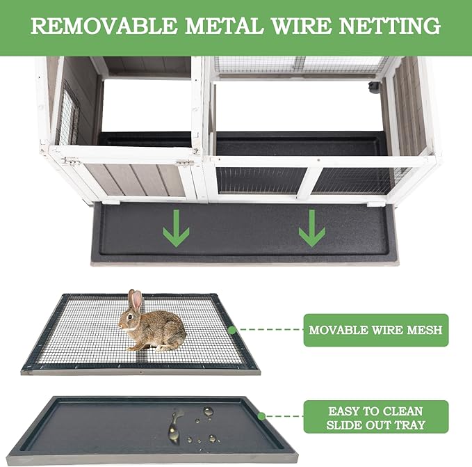 Gowoodhut 38.19"L Rabbit Hutch Indoor and Outdoor with 4 Wheels,Wooden Rabbit Cage with Pull Out Leak-Proof Tray for 1-2 Rabbits,Bunny Hutch with Asphalt Roof Suitable for Garden,Park,Living Room,Grey
