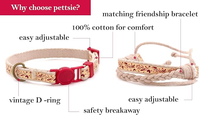 Pettsie Kitten Collar Breakaway with Matching Bracelet – Soft Cotton, Quick-Release Safety Buckle, Adjustable 5"-8", Stylish Gift Box, Red