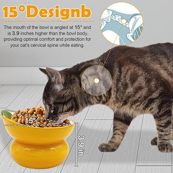Hamiledyi Ceramic Raised Cat Bowls 15° Tilted Elevated Kitten Food Water Bowl Shallow Whisker Fatigue Kitty Dish Fruit Pet Feeding Bowls Feeder for Indoor Cats Small Dog (Yellow Orange)