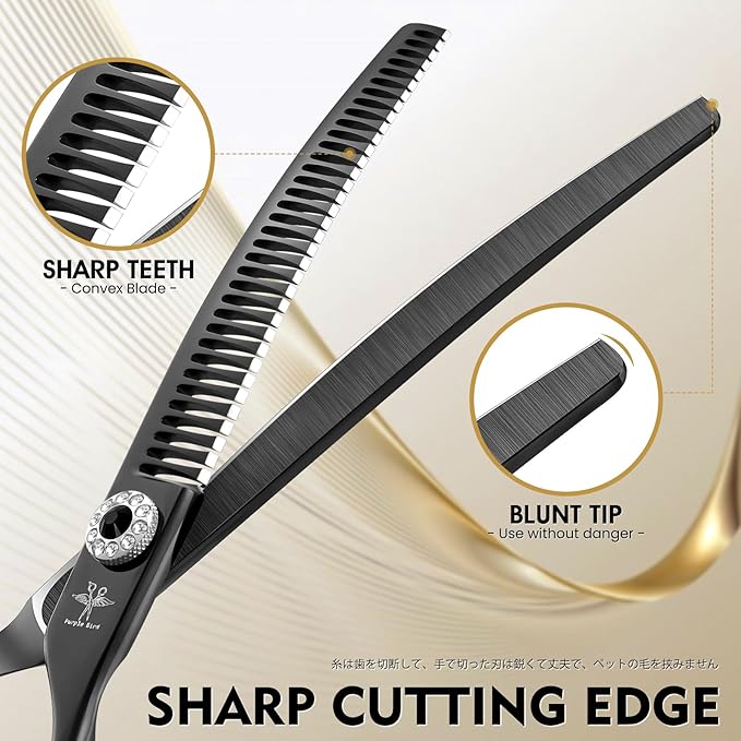 PURPLEBIRD Curved Shears Dog Grooming Chunkers, 7 inch Professional Thinning Scissors Safety Blunt Tip Trimming Scissors for Dogs Cats Face Paws Limbs Japanese Stainless Steel (Black)