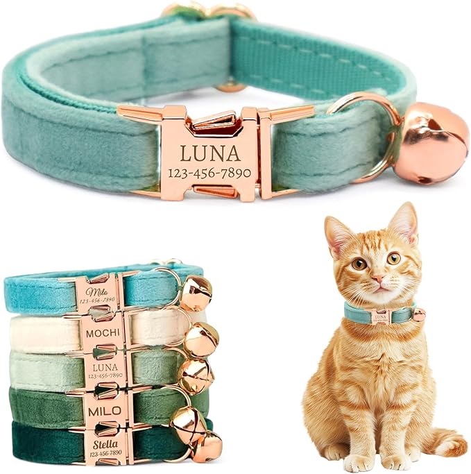 Personalized Non-Breakaway Cat Collar with Name, Luxury Soft Velvet Custom Engraved Name Collar with Bell for Kittens & Cats (Turquoise, S (6.5-10.5 inches))