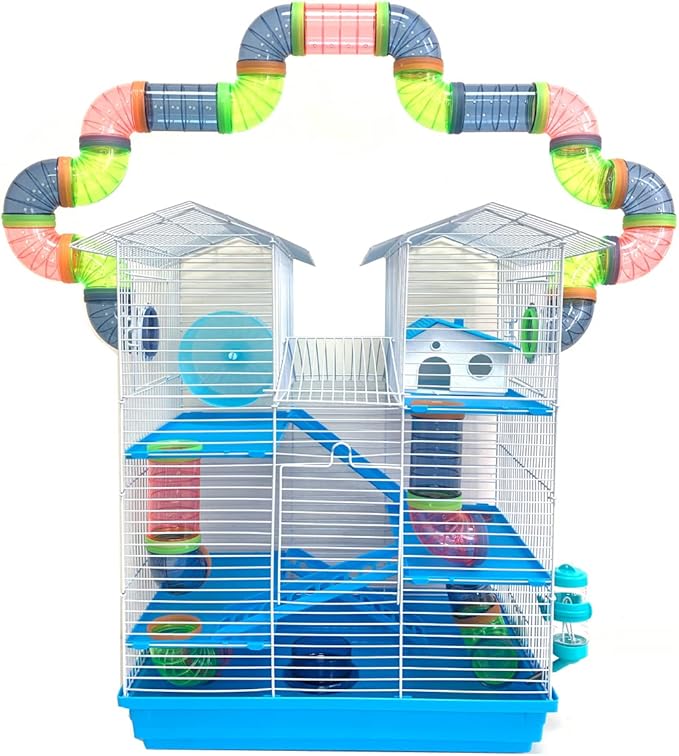 5-Level Large Expandable and Customizabl Cross Twin Tower Tube Tunnel Habitat Hamster Rodent Gerbil Mouse Mice Rat Home Cage with Hide House Exercise Running Wheel Water Bottle Food Bowl