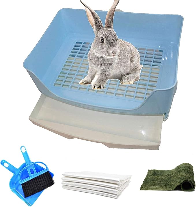 PINVNBY Large Corner Rabbit Litter Box with Drawer,Bigger Potty Trainer Pan for Adult Bunny Guinea Pig Chinchilla Ferret Small Animals(Blue)