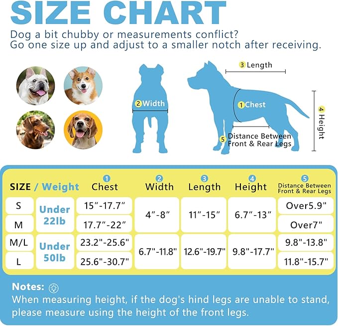 Dog Wheelchair for Back Legs, Adjustable Height/Length/Width, Sturdy Wheelchair with All-Terrain Shock-Absorbing Wheels, Mobility Support for Injured or Disabled Small & Medium Dogs & Cats