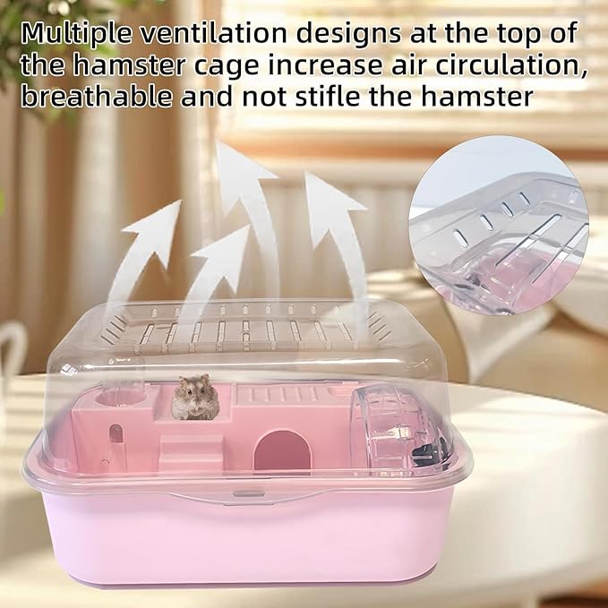 Hamiledyi Dwarf Hamster Cage Clear Plastic Small Hamster Cage Portable Carrier with Water Bottle Exercise Wheel Bathtub Box Set Toy for Dwarf Baby Hamster (Pink)