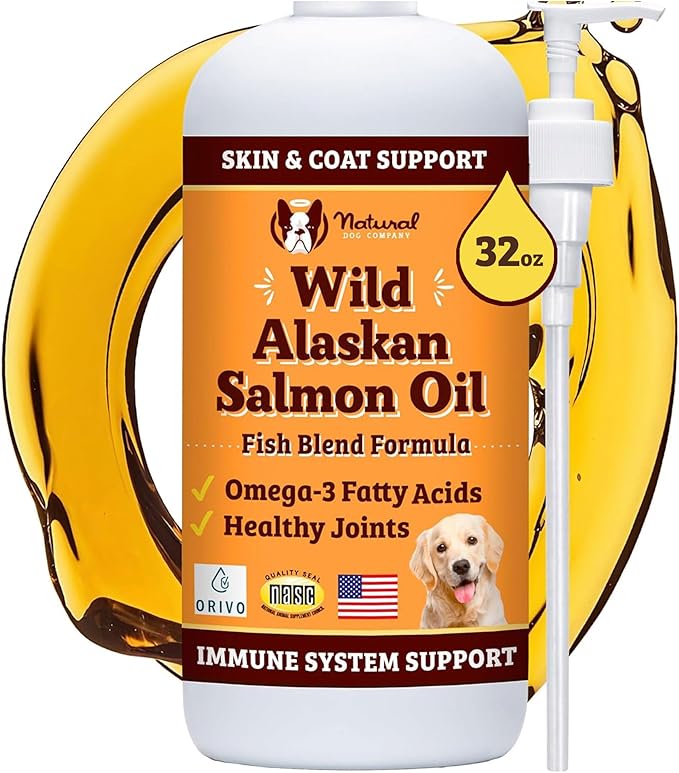 Natural Dog Company Wild Alaskan Fish Oil for Dogs – Salmon & Pollock Omega 3 Dog Oil Blend with EPA DHA for Skin Coat Health, Itchy Relief, Joint Heart Immune Support, Liquid Food Topper, 32 oz