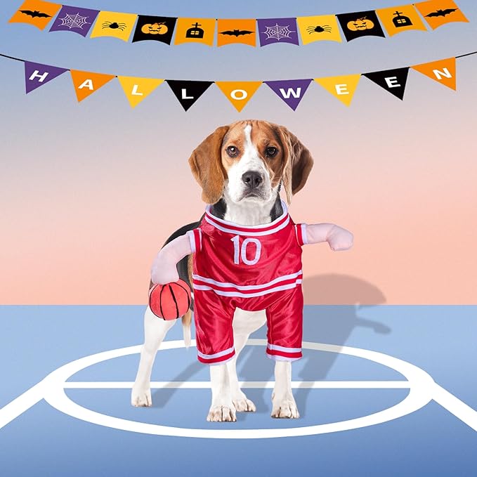 DELIFUR Dog Basketball Player Costume - Pet Halloween Costume Adjustable Funny Dress Up Sports Outfit Cosplay Clothes for Large Cats and Small Dogs (Red Basketball, X-Small)