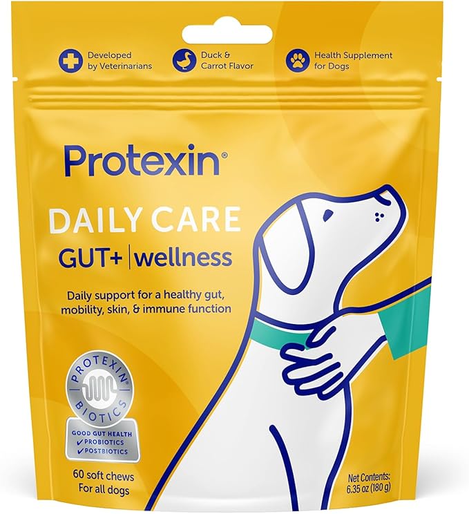 Protexin Daily Care Gut+ Wellness | 60 Dog Chews, Duck and Carrot Flavor Dog Supplement | Probiotics for Dogs, Dog Postbiotics