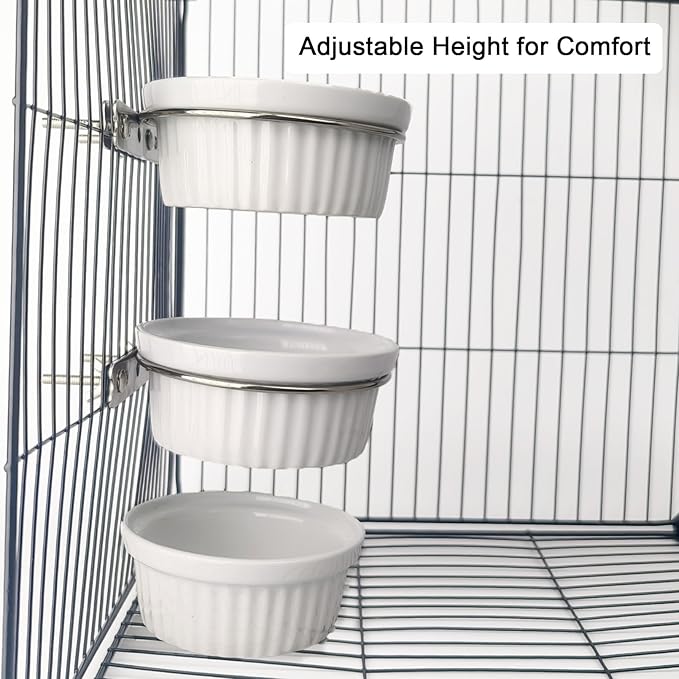 Ceramic Hanging Pet Bowl Set for Cages - Adjustable Height, No-Tool Installation, Heavy Duty Food & Water Bowl for Rabbits, Guinea Pigs, Kittens, Small Pets