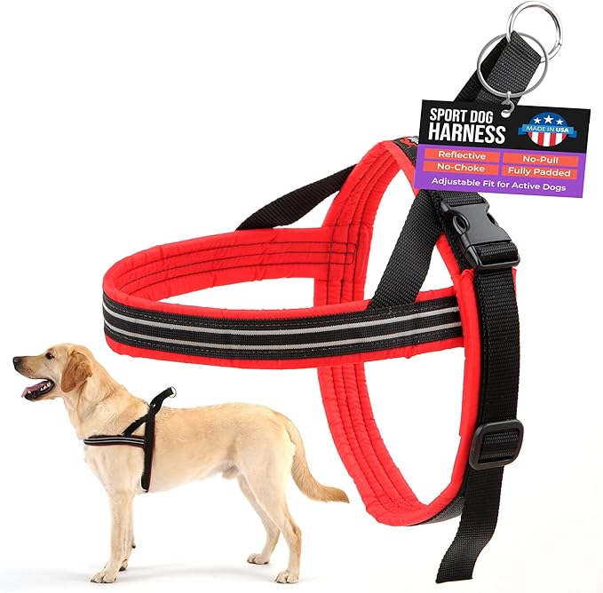 ComfortFlex Sport Dog Harness – No-Choke, Fully Padded, Non-Chafing Harness with Control Handle – Reflective, Lightweight, Adjustable for Active Dogs – Medium, Red