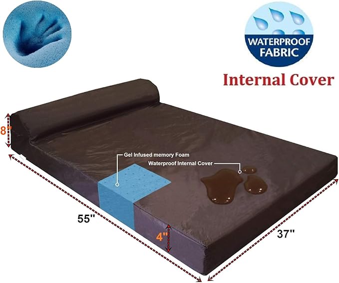 Dogbed4less Premium HeadRest Pillow Orthopedic Cool Memory Foam Dog Bed for Large Dogs, Waterproof Lining with Washable Suede Khaki Cover, XXL 55X37X4