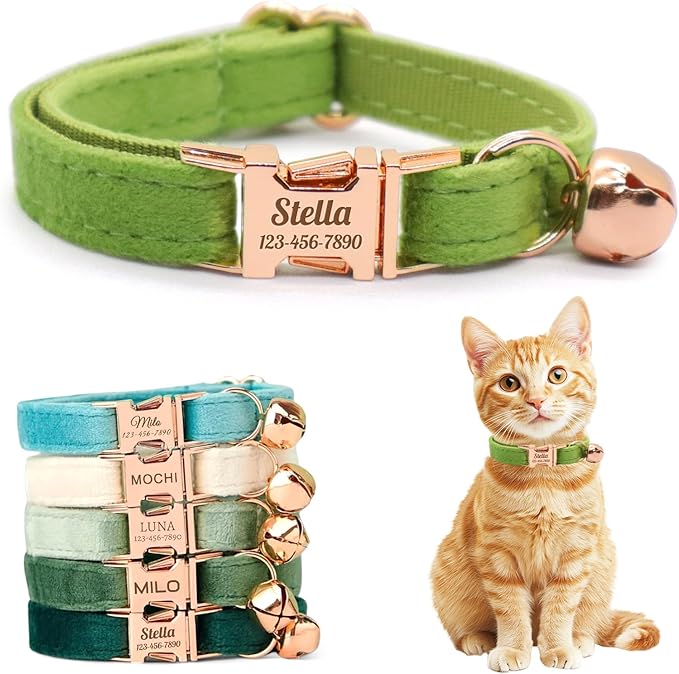 Personalized Non-Breakaway Cat Collar with Name, Luxury Soft Velvet Custom Engraved Name Collar with Bell for Kittens & Cats (Green, L (7.5-12.5 inches))