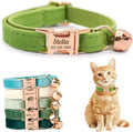 Personalized Non-Breakaway Cat Collar with Name, Luxury Soft Velvet Custom Engraved Name Collar with Bell for Kittens & Cats (Green, L (7.5-12.5 inches))