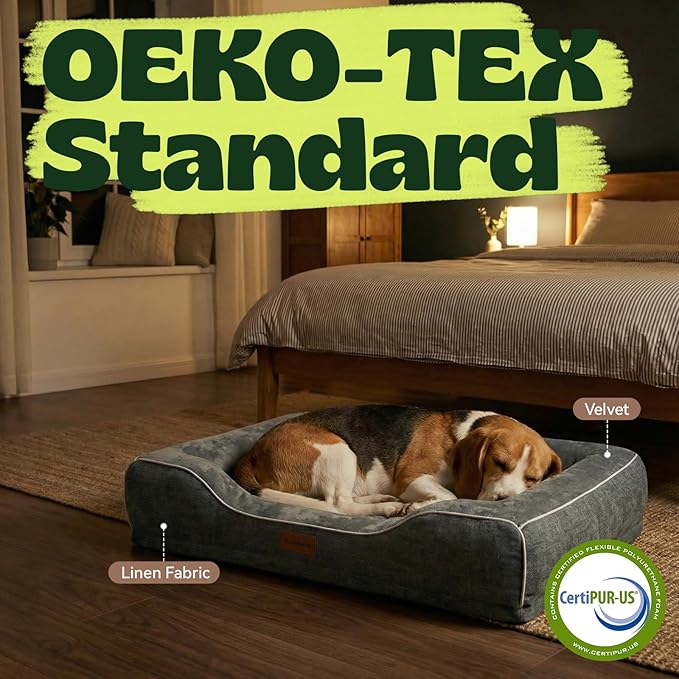 Orthopedic Dog Beds Large Sized Dog with Removable Faux Fur Washable Covers,Waterproof Pet Couch Bed with Cooling Gel Memory Foam and Bolster Side for Big Breed Pets,36" x 27" x 6.5" Dark Grey