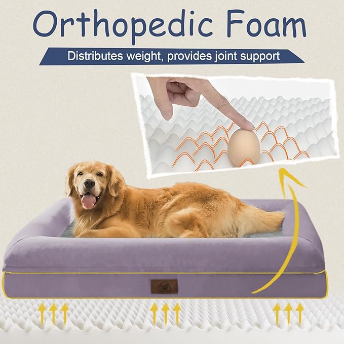 Large Orthopedic Dog Beds, Waterproof Dog Bed with Removable Cover, 4-Sides Removable Bolster Pet Soft Sofa with Nonskid Bottom, Washable Pet Beds for Large Dogs, Purple