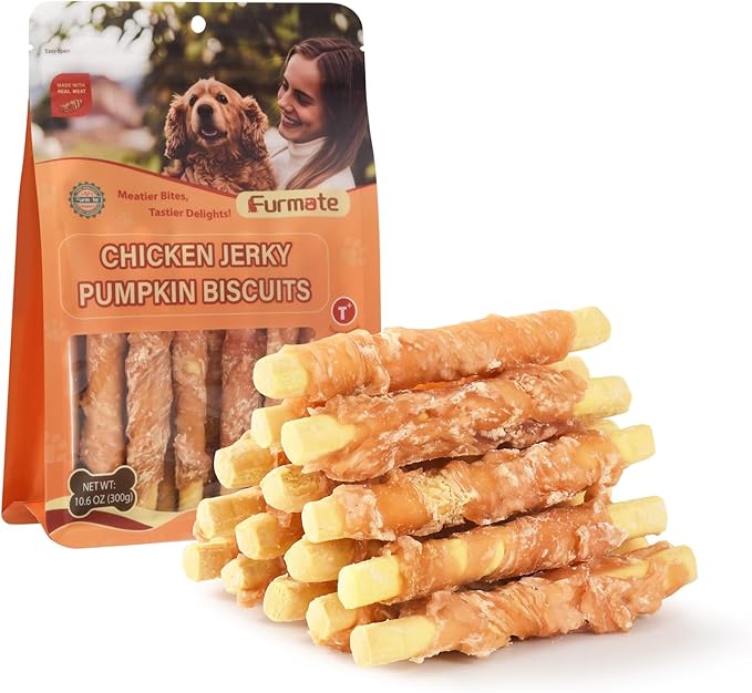 Dog Treats Pumpkin Biscuits Chicken Jerky Wrapped, Low Fat Rawhide Free Healthy Dog Chew Training Treats, High Fiber Pumpkin Biscuits Dog Snacks, for Small Medium Large Dogs 10.6 oz