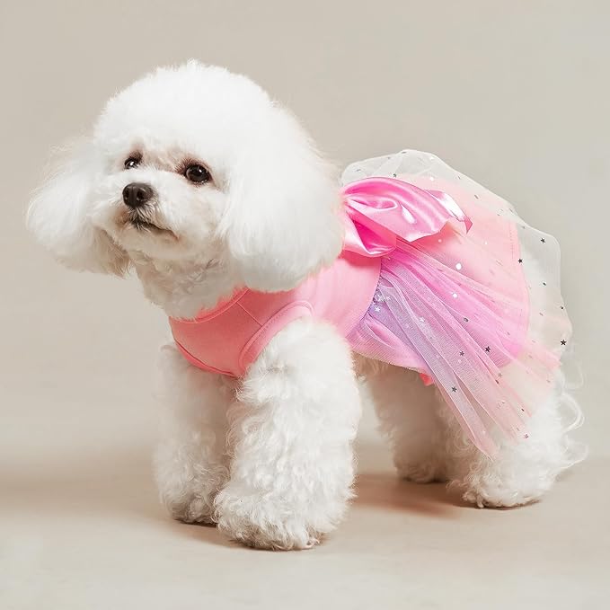PUPTECK Print Dog Dress Pet Apparel for Birthday with Cute Bowtie Puppy Clothes Outfit, XS