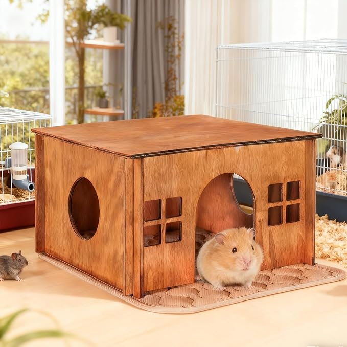 Wooden Guinea Pig Hideout, Small Animal Houses Habitats, Large Hideout House for Small Rabbit Chinchilla Gerbil, Sturdy Hamster Hideout Bed Hutch Bunny Cage