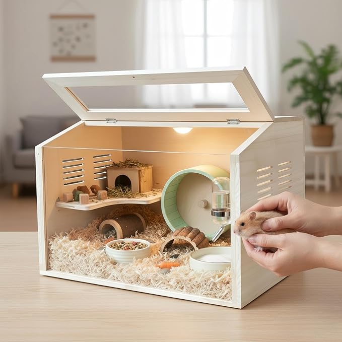 Wooden Hamster Cage Chewproof, Large Hamster Cages and Habitats, Small Animal Habitat with Openable Acrylic Sheet for Gerbil, Degus Mice, Guinea Pig, Rat& Other Small Pets（23.62in）
