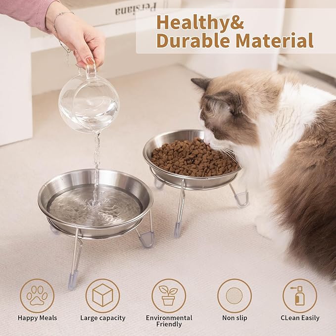 Elevated Cat Bowls,6.7" Extra Wide Raised Stainless Steel Cat Food Bowls with Anti-Slip Metal Stand Whisker Friendly Water Dishes for Indoor Cats and Small Dogs-2pack