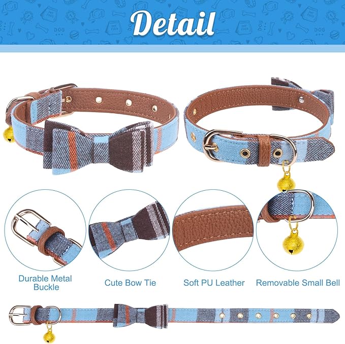 EXPAWLORER Dog Leash and Collar Set - Classic Plaid Medium Dog Collar with Bow Tie, 360 Swivel No Tangle Dog Leash, Adjustable Dog Collar for Small Medium Dogs Cats, Sky Blue M