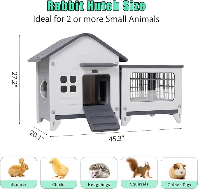 Rabbit Hutch Indoor & Outdoor with Extended Play Area, Plastic Rabbit Hutch with Sloped Roof Drainage, Panoramic Windows, Urine Barrier & Pull-Out Tray, Rabbit Cage Easy to Clean and Assemble
