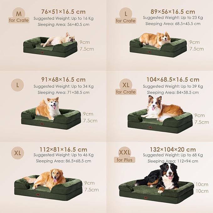 EHEYCIGA Orthopedic Dog Beds for Extra Large Dogs, Waterproof Memory Foam XL Pet Bed with Sides, Non-Slip Bottom and Egg-Crate Foam Big Dog Couch Bed with Washable Removable Cover, Dark Green