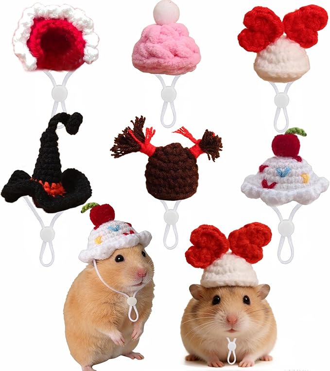 Hamster Hats Mini Party Hats for Small Animals, 6 Pcs Cute Hand Knitted Tiny Hats for Guinea Pig Snakes Lizards Bearded Dragon Bunny Reptile Pets Clothes Valentine's Day Party Costume Accessories