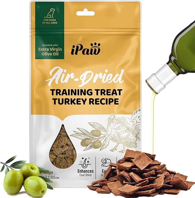 iPaw Air-Dried Turkey Dog Treats, Extra Virgin Olive Oil Added, Made with Turkey Meat, Chicken Heart and Duck Liver, High Protein, Soft Treats for All Age Dogs, Freeze-Dried Alternative (3.5oz/Pack)