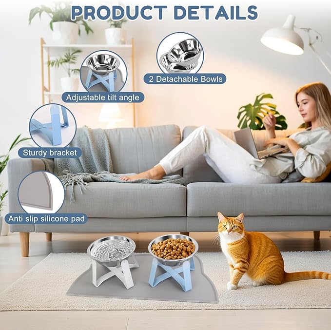 2 Pack Raised Cat Bowls Holder with Non-Slip Mat Stainless Steel Cat Feeder Elevated Pet Water Food Bowls for Cats Puppies Rabbits (White & Blue)