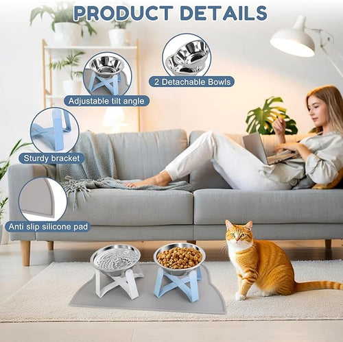2 Pack Raised Cat Bowls Holder with Non-Slip Mat Stainless Steel Cat Feeder Elevated Pet Water Food Bowls for Cats Puppies Rabbits (White & Blue)